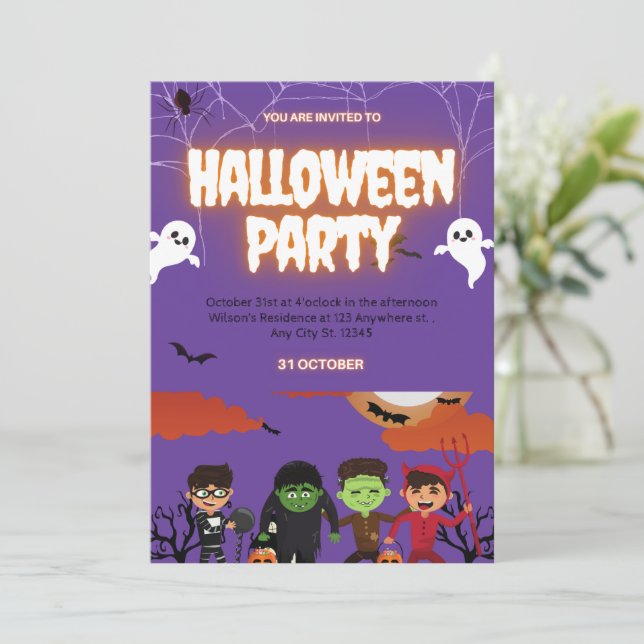 Purple & Black Halloween Party Einladung (Stehend Vorderseite)