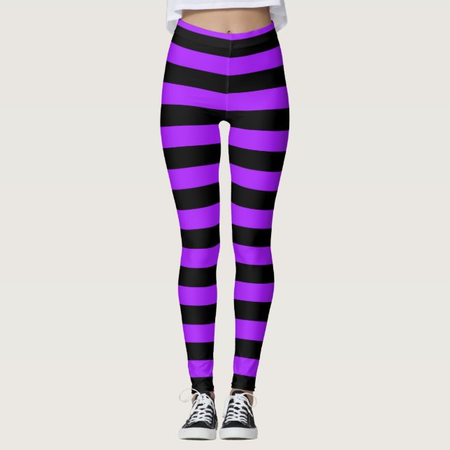 purple Black Striped Witch Halloween Leggings (Vorderseite)