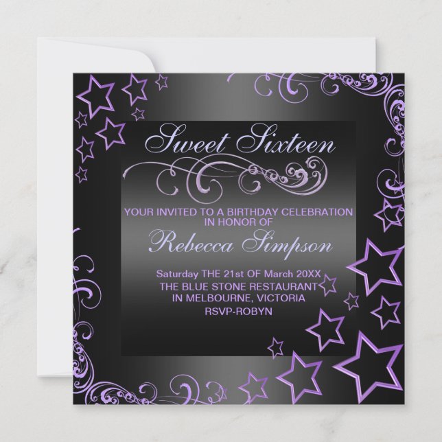 Purple/Black Sweet16 Invitation d'anniversaire de  (Devant)