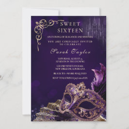 Purple Black Sweet 16 Masquerade Elegant Venetian Einladung