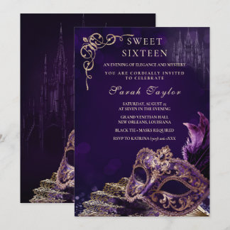 Purple Black Sweet 16 Masquerade Elegant Venetian Einladung