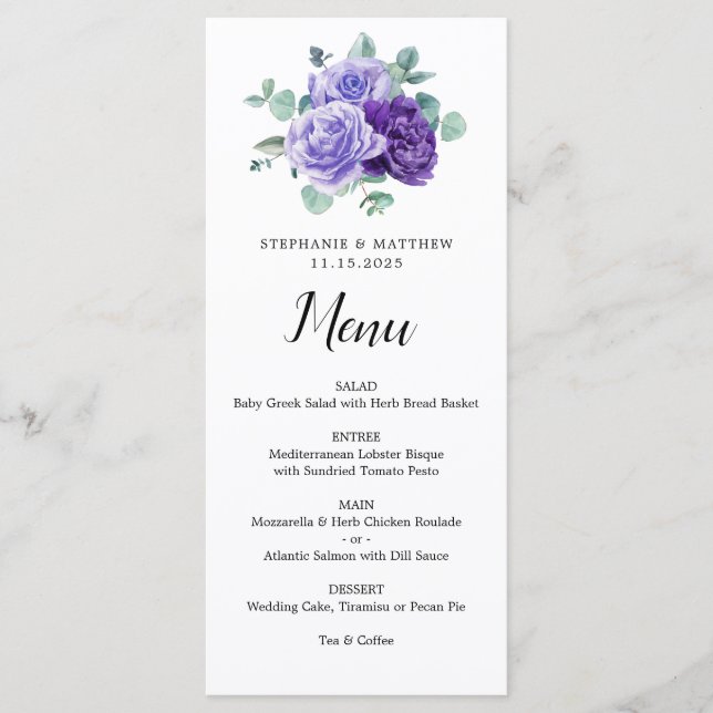 Purple Bloom Eucalyptus Botanical Wedding Menu (Devant)