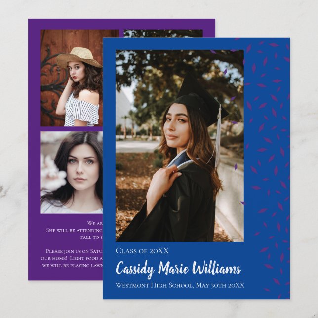 Purple Blue Confetti Graduation Announcement Einladung (Vorne/Hinten)