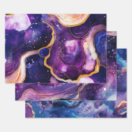 Purple Blue Fluid Geode Art with Gold Marble Geschenkpapier Set