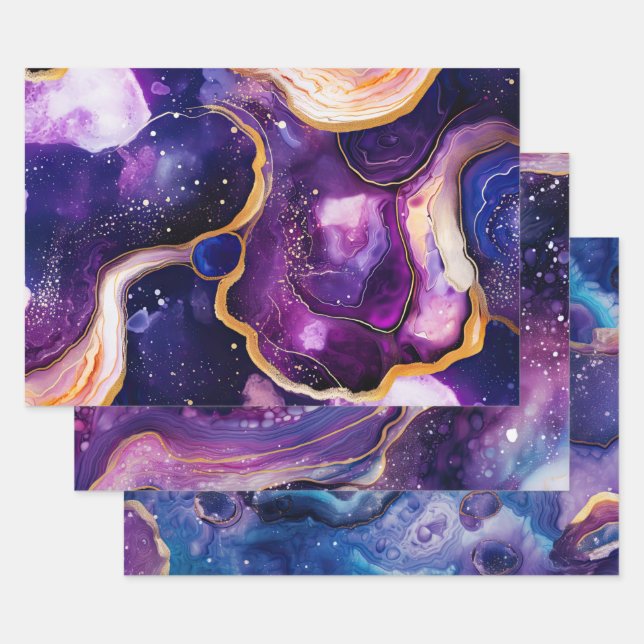 Purple Blue Fluid Geode Art with Gold Marble Geschenkpapier Set (Set)