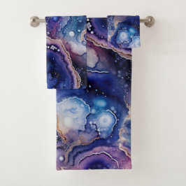 Purple Blue Geode Abstract with Bubble Mineral Badhandtuch Set