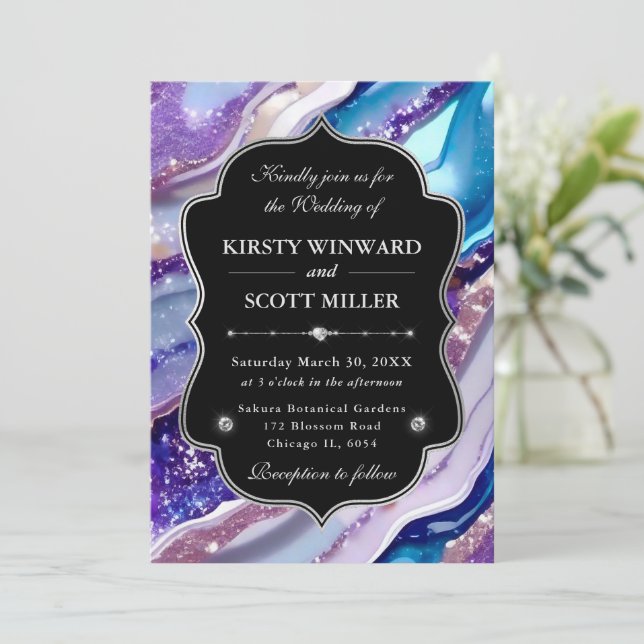 Purple Blue Glitter Marble Elegant Wedding Einladung (Stehend Vorderseite)
