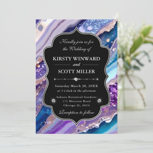 Purple Blue Glitter Marble Elegant Wedding Einladung (Stehend Vorderseite)