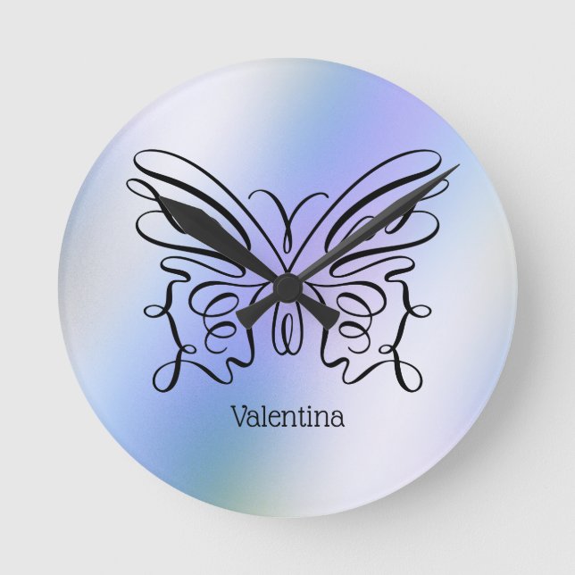 Purple Blue Holographic Butterfly Monogram Name  Runde Wanduhr (Vorderseite)