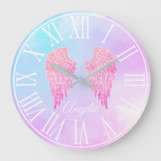 Purple & Blue Pastel Pink Angel Wings Große Wanduhr (Vorderseite)