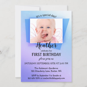 Purple Blue Photo First Birthday Party Invitation
