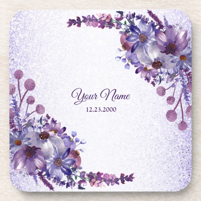 Purple Blue Pink Floral Glitter Wedding Party Getränkeuntersetzer (Vorderseite)