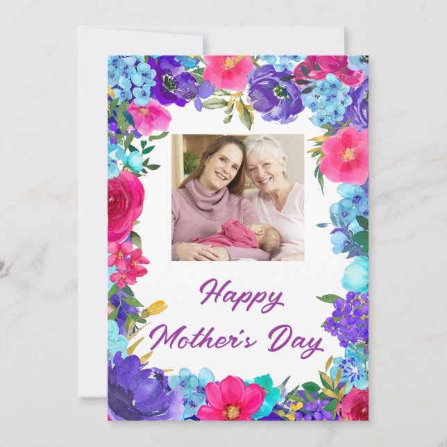 Purple Blue Rose Floral Photo Carte de la fête des (Devant)