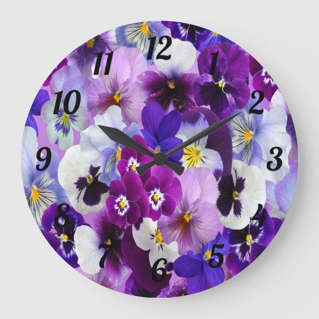 Purple Blue White Floral Pansy Flowers  Große Wanduhr (Vorderseite)