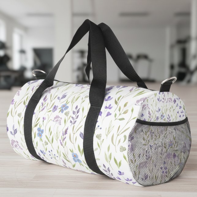 Purple Blue Wildflower Duffle Bag (elegant pretty purple blue wildflower floral pattern duffel bag)