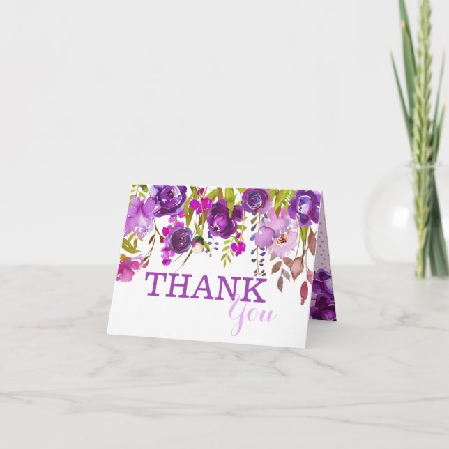 Purple Blumen Aquarell Floral Vielen Dank Dankeskarte (Vorderseite)