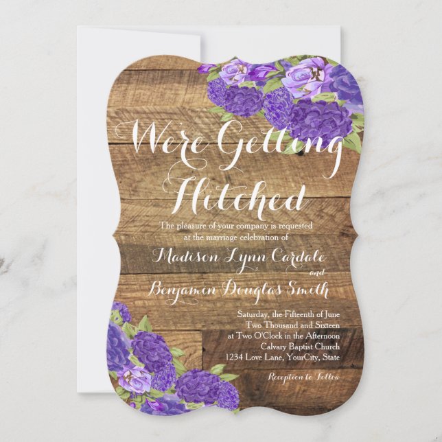 Purple Blumen Barn Wood MAP Hochzeit Einladung (Vorderseite)