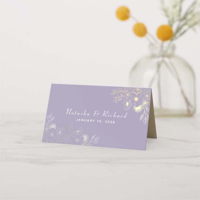 Purple Blumen Elegante Hochzeit Platzkarte (Rückseite)