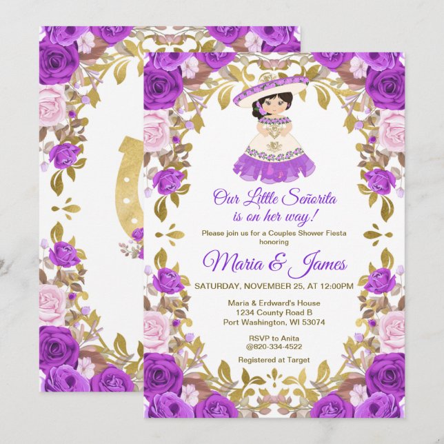 Purple Blumen Mexikanische Fiesta Paare Dusche Einladung (Vorne/Hinten)