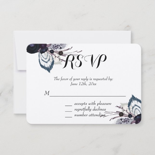 Purple Blumen und Feathers UAWG RSVP Karte (Vorderseite)