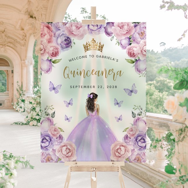 Purple Blush Gold Floral Quinceañera Bienvenue (Créateur téléchargé)