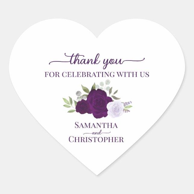 Purple Boho Chic Roses Elegant Wedding Thank You Herz-Aufkleber (Vorderseite)