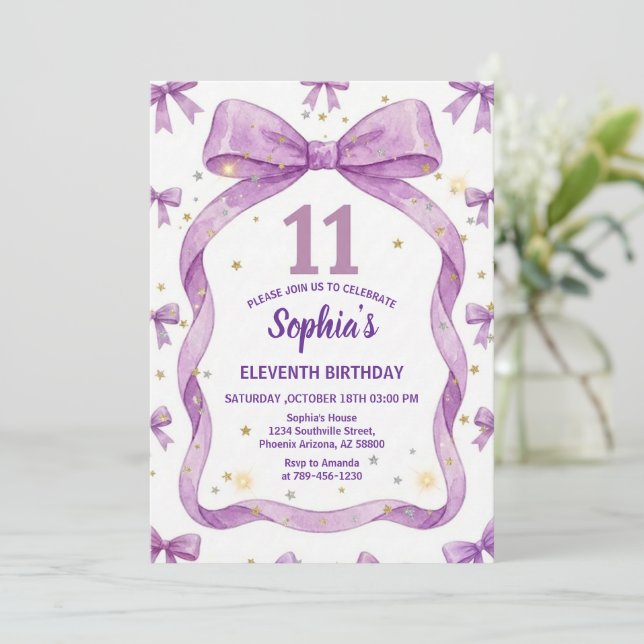 Purple Bow Birthday Invite, Girls 11th Birthday  Einladung (Stehend Vorderseite)