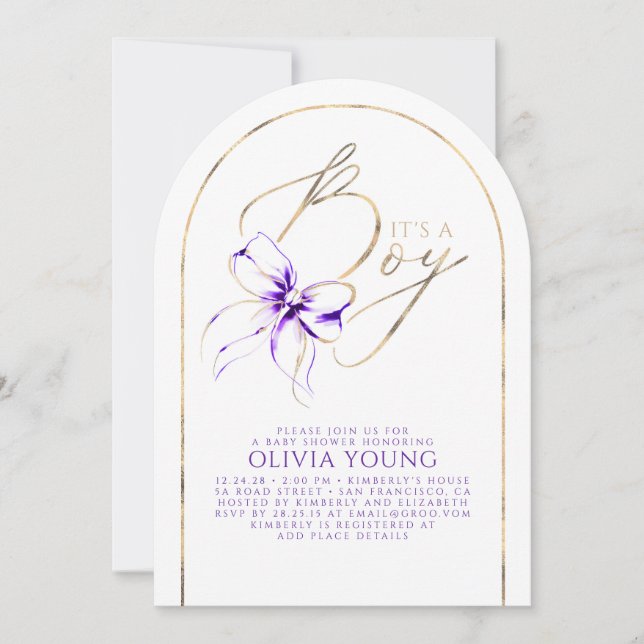 Purple Bow Elegant Modern Baby Shower Boy Einladung (Vorderseite)