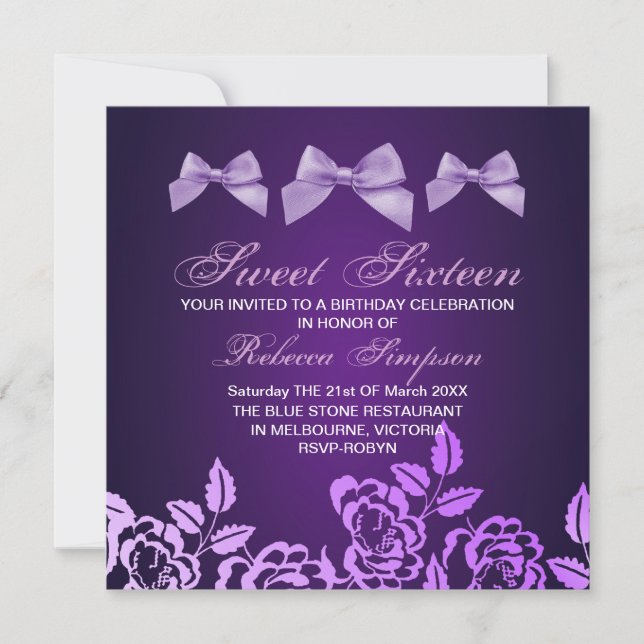 Purple Bow & Rose Sweet Invitation au 16e annivers (Devant)