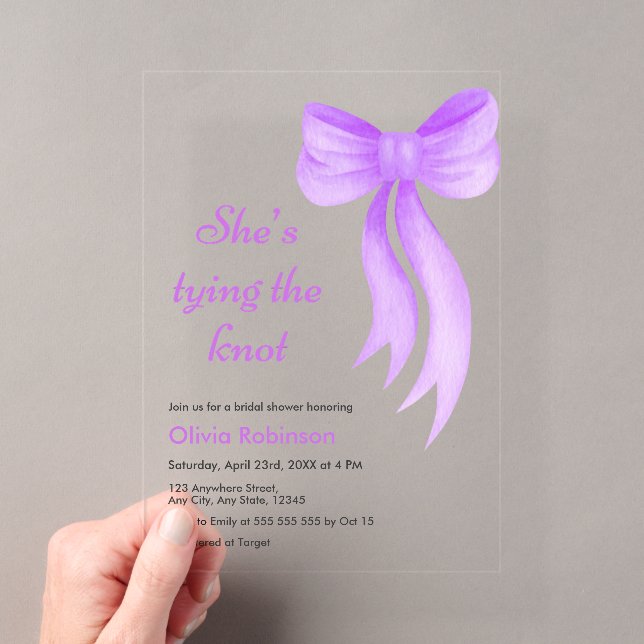 Purple Bow She's Tying the Knot Bridal Shower  Acryleinladungen (Insitu (Handheld))
