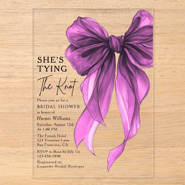 Purple Bow She's Tying The Knot Bridal Shower Acryleinladungen (Vorderseite)