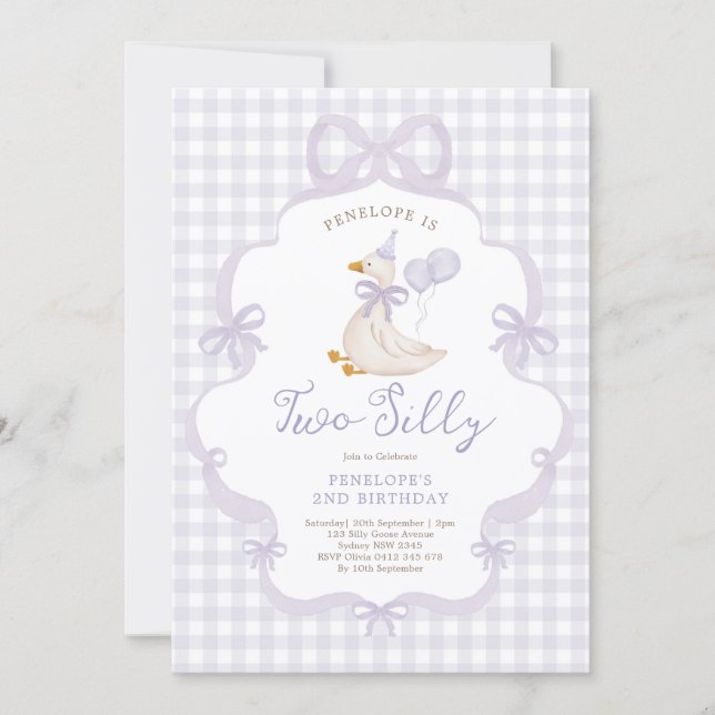 Purple Bow Two Silly Goose 2nd Birthday Einladung (Vorderseite)