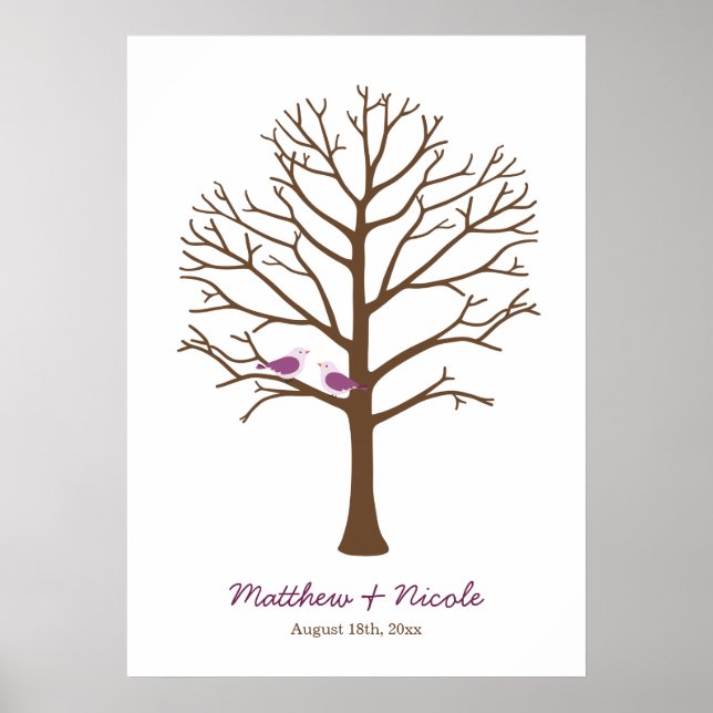 Purple Brown Birds Fingerprint Tree Wedding Poster (Vorne)