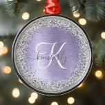 Purple Brushed Metal Silver Glitter Monogram Name Ornament Aus Metall<br><div class="desc">Easily personalize this trendy chic snowflake framed Christmas ornament design featuring pretty silver sparkling glitter on a purple brushed metallic background.</div>