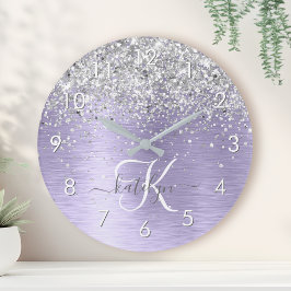 Purple Brushed Metal Silver Glitter Monogram Name Runde Wanduhr