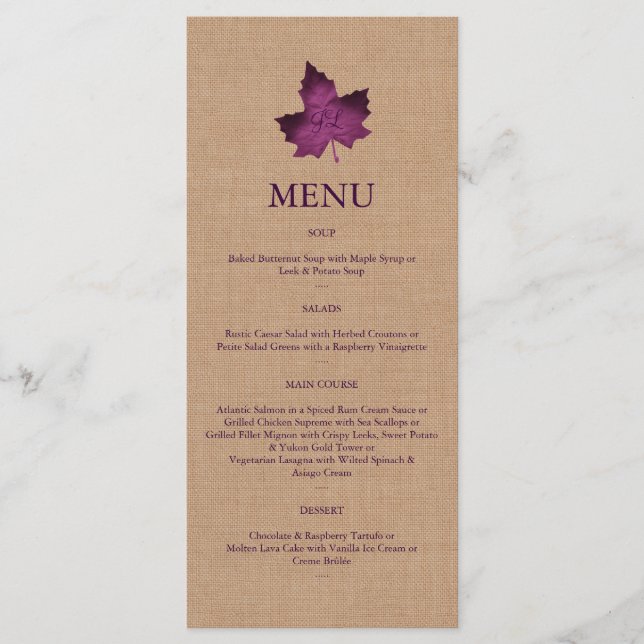 Purple Burlap Monogramme Menu (Devant)