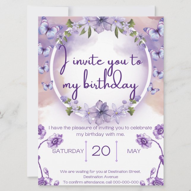 Purple butterflies birthday invitation (Vorderseite)