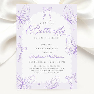Purple Butterflies & Bows Baby Shower Einladung
