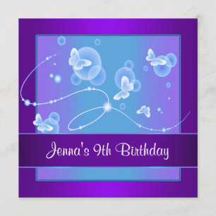 Purple Butterfly 9th Birthday Party Invitation 9