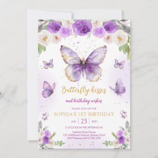Purple Butterfly Floral Girl Birthday Invitation Einladung