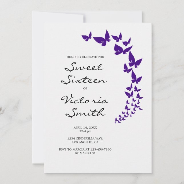 Purple Butterfly Sweet 16 Invitation (Devant)