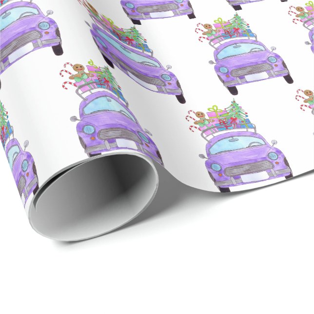 Purple Car with Christmas Ohrts Watercolor Geschenkpapier (Rolleneckpunkt)