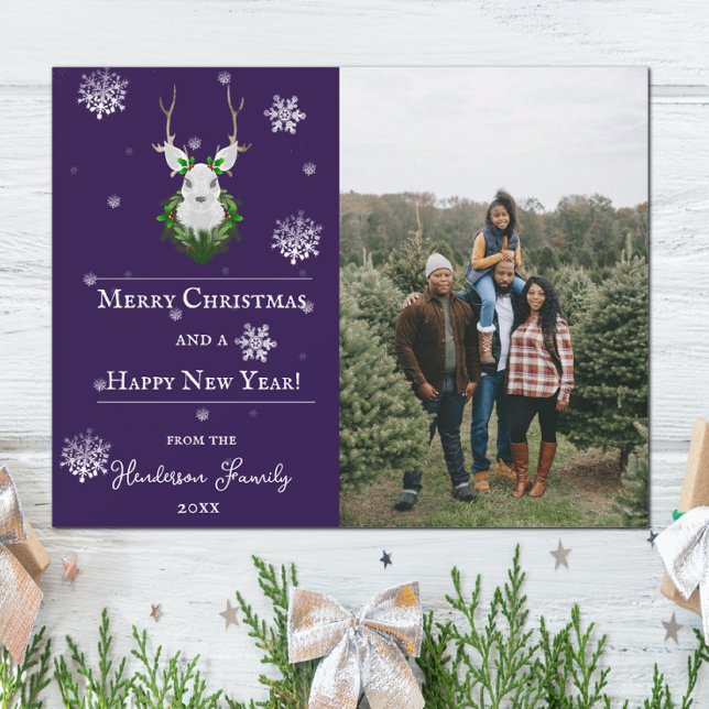 Purple Carte photo de vacances Festive Reindeer (Purple Festive Reindeer Holiday Photo Card)