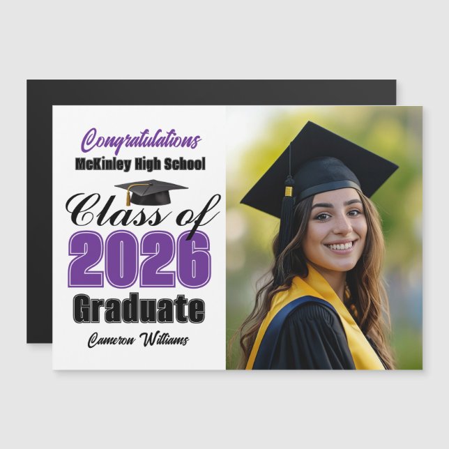 Purple Class of 2026 Graduation Photo Magnet Card (Devant / Derrière)