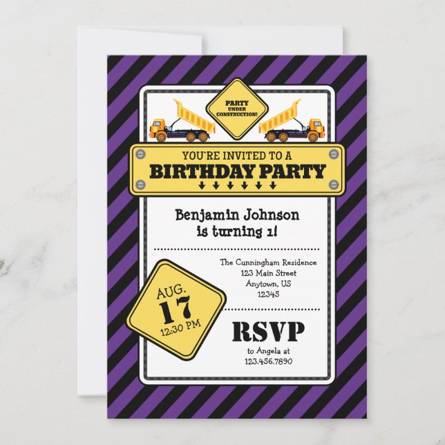 Purple Construction Anniversaire Invitation (Devant)