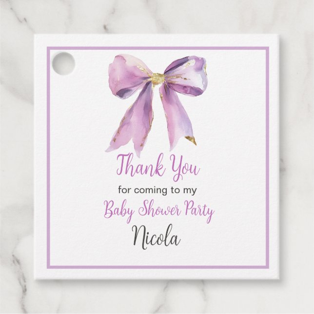 Purple Coquette Bow Baby Shower Geschenkanhänger (Vorderseite)
