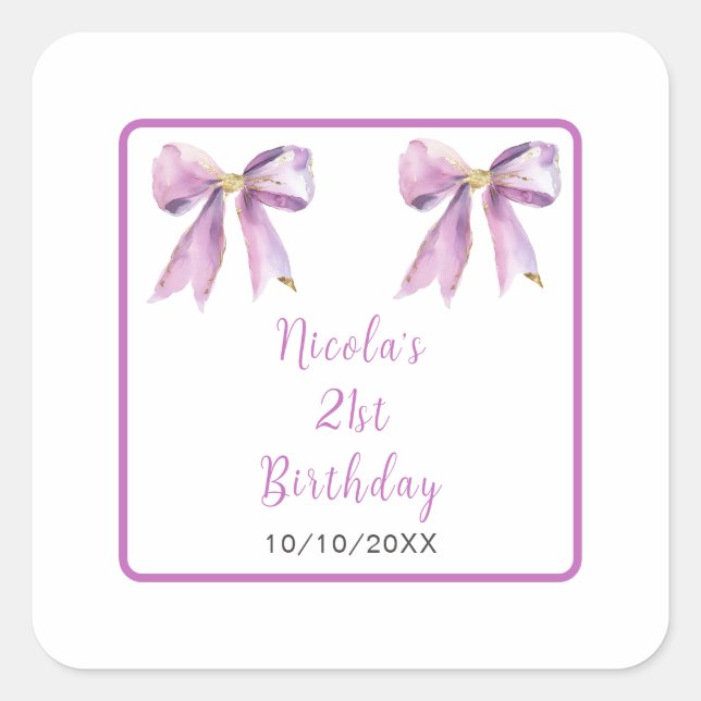 Purple Coquette Bow Birthday Party Quadratischer Aufkleber (Vorderseite)