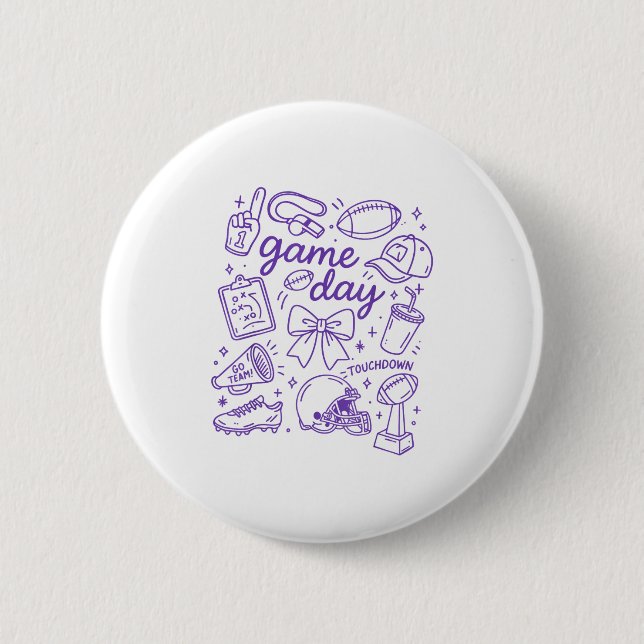Purple Coquette Bow Cheer Game Day Doodle Touchdow Button (Vorderseite)