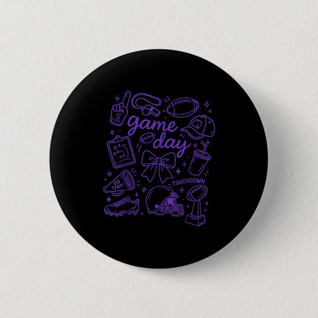 Purple Coquette Bow Cheer Game Day Doodle Touchdow Button (Vorderseite)