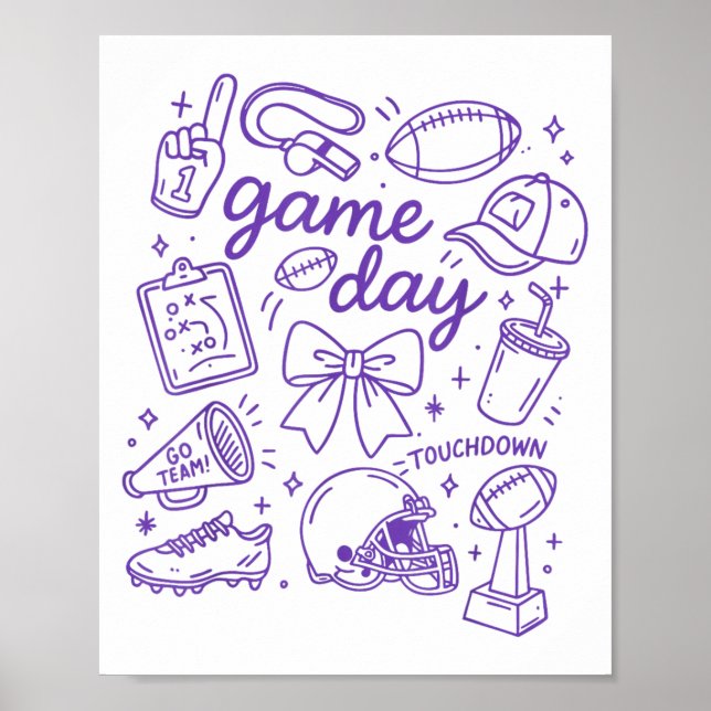 Purple Coquette Bow Cheer Game Day Doodle Touchdow Poster (Vorne)